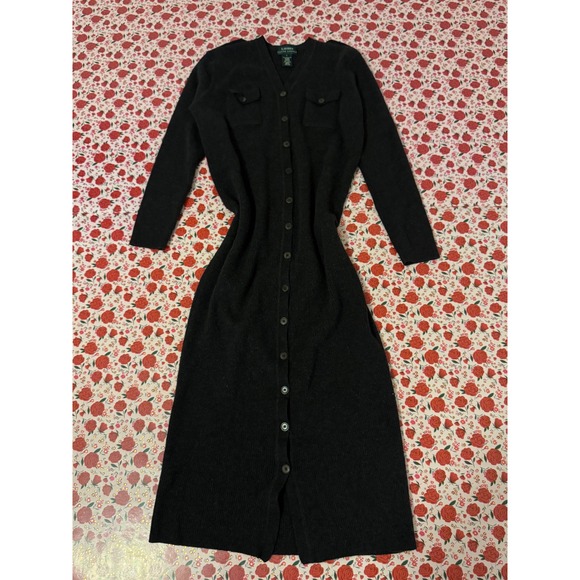 Lauren Ralph Lauren y2k 100% Merino Wool Ribbed Button Front Maxi Dress L d3 - Picture 2 of 7